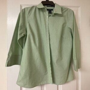 Lands End Women's Size 8 Green/White Stripes Wrinkle Free Broadcloth 3/4 Sleeve